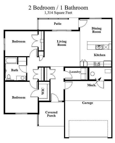 A floor plan of a 2 bedroom 1 bathroom house.